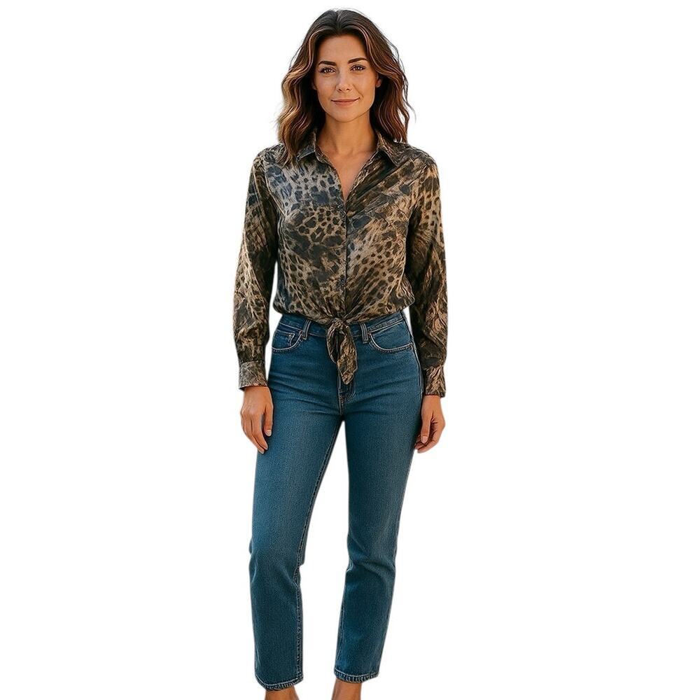 Sheer Leopard All Over Print Long Sleeve Button Down Women's Shirt
